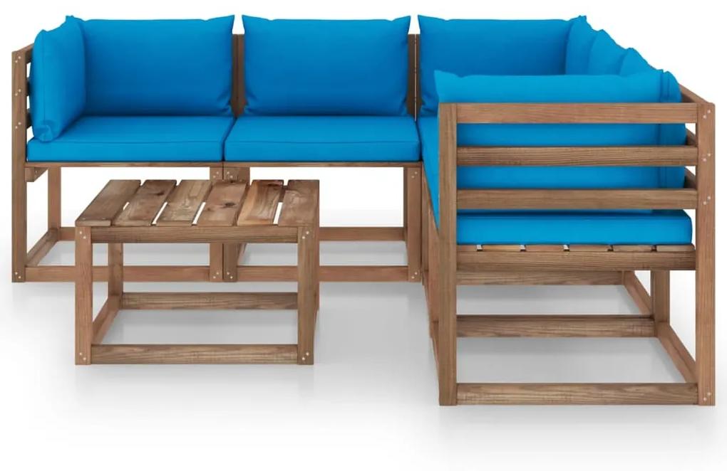 Set mobilier de gradina cu perne bleu, 6 piese, lemn pin tratat