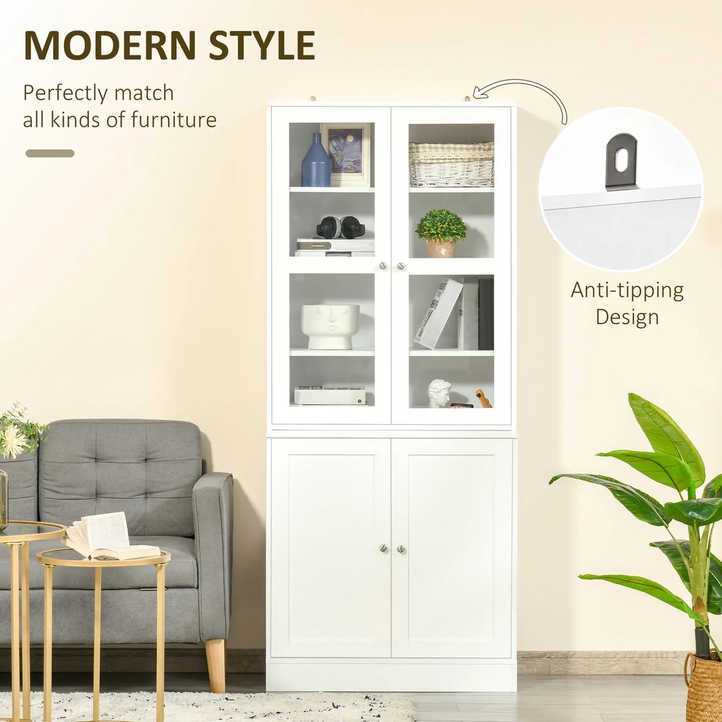 HOMCOM Mobilier de Bibliotecă cu 2 Dulapuri, Rafturi și Uși din Sticlă Alb | Aosom Romania