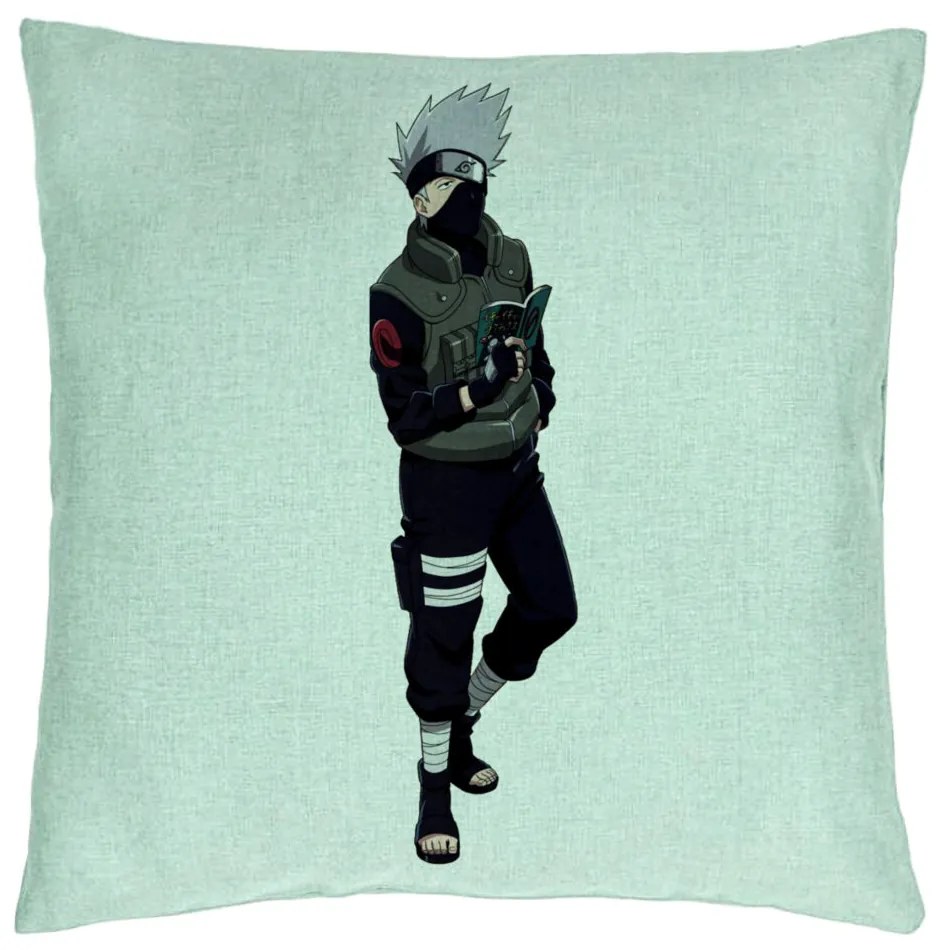 Perna Decorativa cu Naruto Kakashi, 40x40 cm, Verde Menta, Husa Detasabila, Burduf