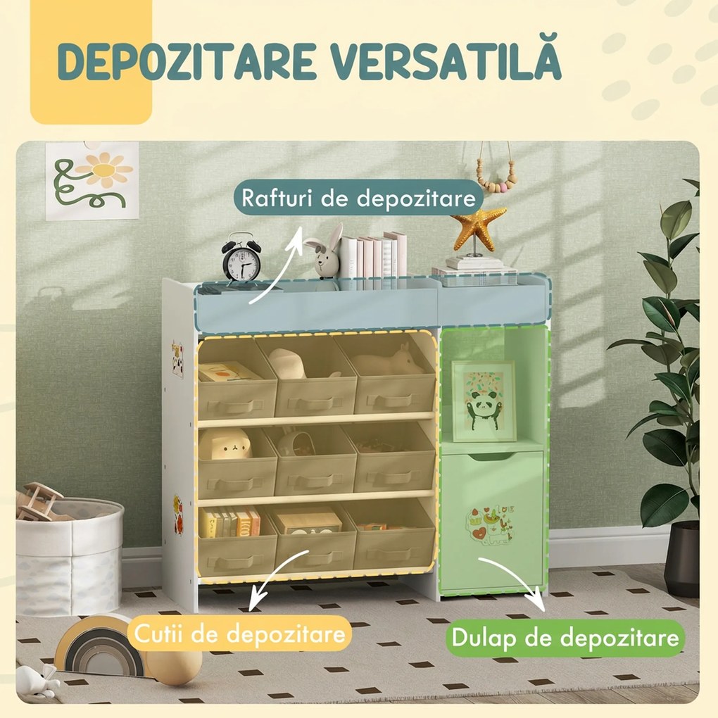 AIYAPLAY Raft pentru jucării copii din lemn cu 9 cutii detașabile și dulăpior, 92x30x80 cm, alb | Aosom Romania