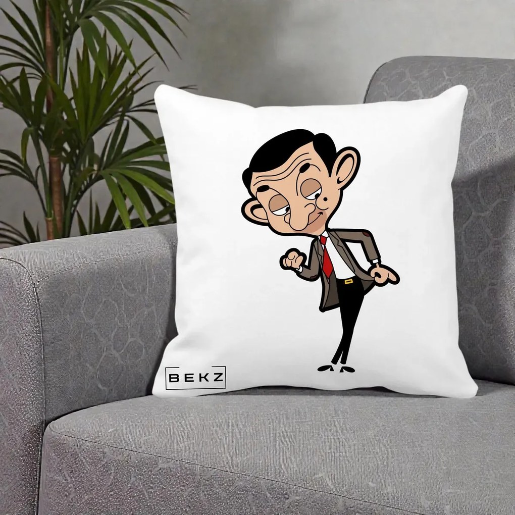 Perna Personalizata Mr. Bean Caricatura, 40x40 cm, Alba Mata, Husa Detasabila, Perna Inclusa, BEKZ®