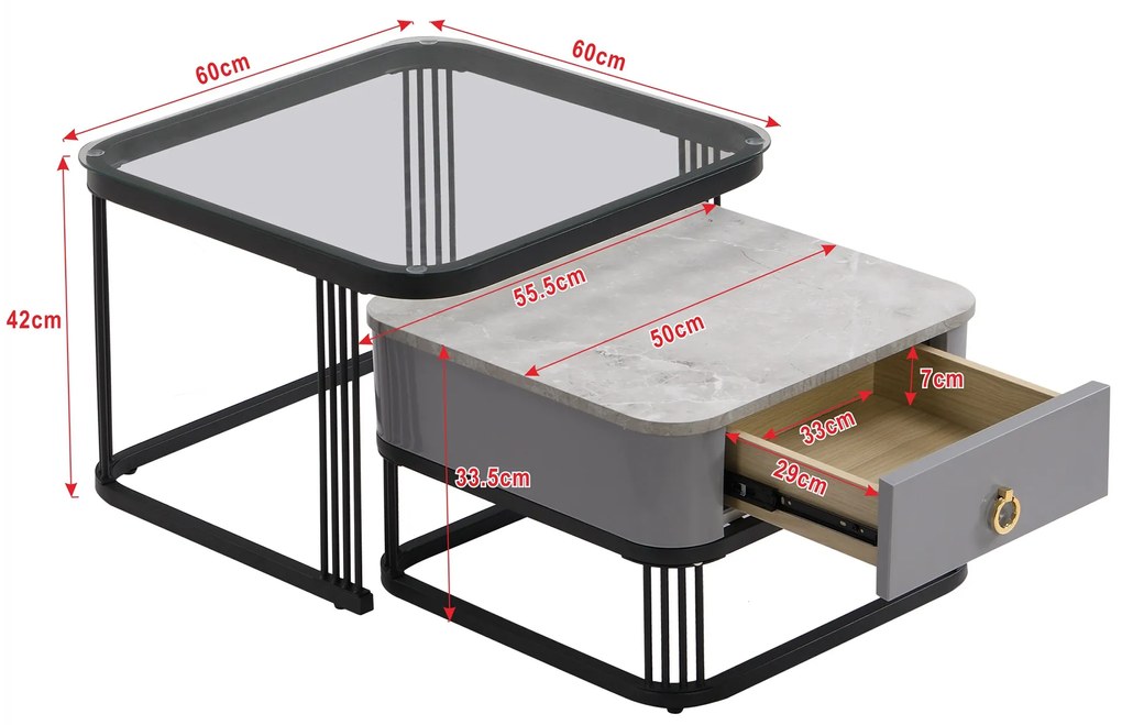 Set de 2 Măsuțe de Cafea Suprapozabile cu Blat din Marmură Lucioasă și Sticlă, Structură din Metal și Sertare, 60x60x42 cm + 50x50x34 cm, Negru