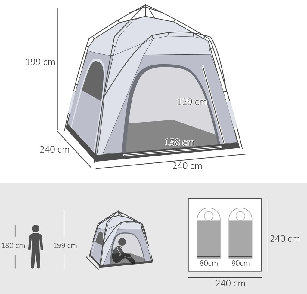 Outsunny Cort de camping, cort pop up în formă de dom pentru 4 persoane, cu 4 uși 4 ferestre geantă de transport inclusă pentru camping trekking alb gri | Aosom Romania