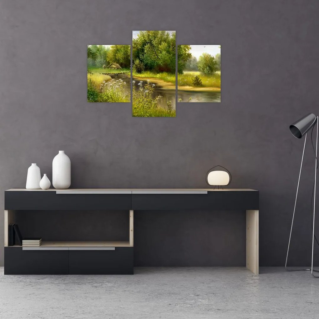 Tablou - Râu lângă pădure, pictură în ulei (90x60 cm)