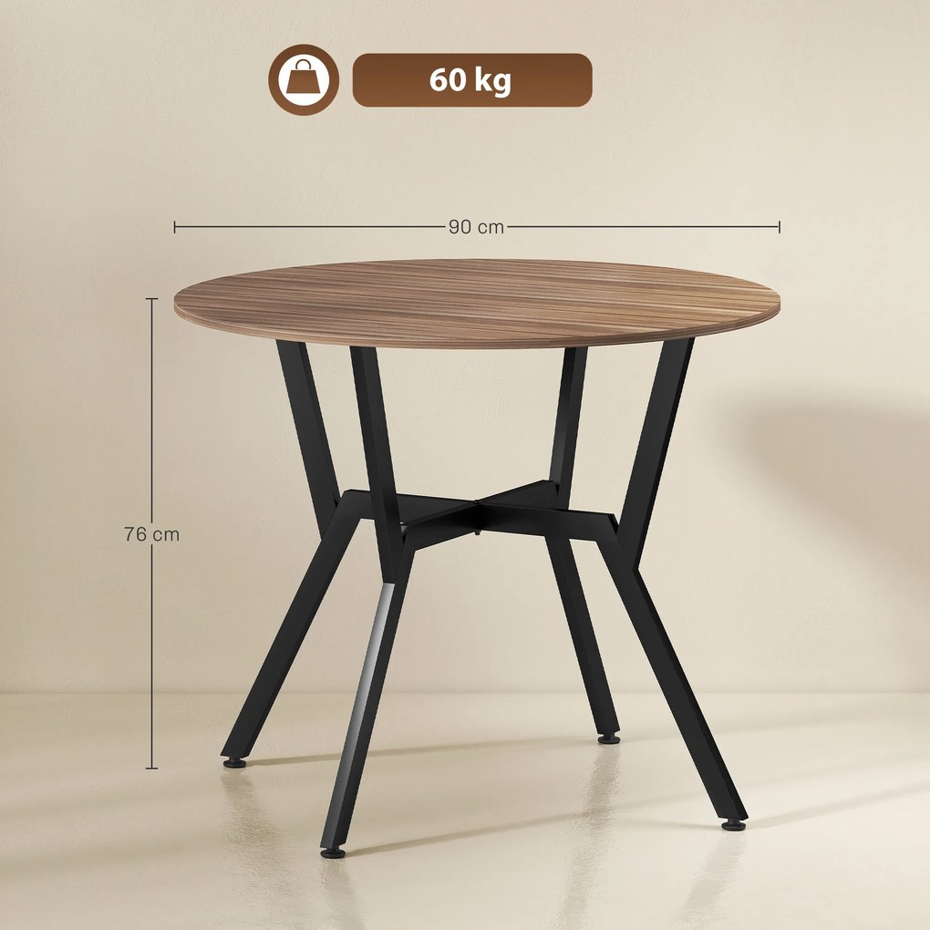 HOMCOM Masă Rotundă de Sufragerie pentru 2 Persoane cu Suport în X, Masă Modernă din Lemn și Oțel, Ø90x76 cm, Maro | Aosom Romania