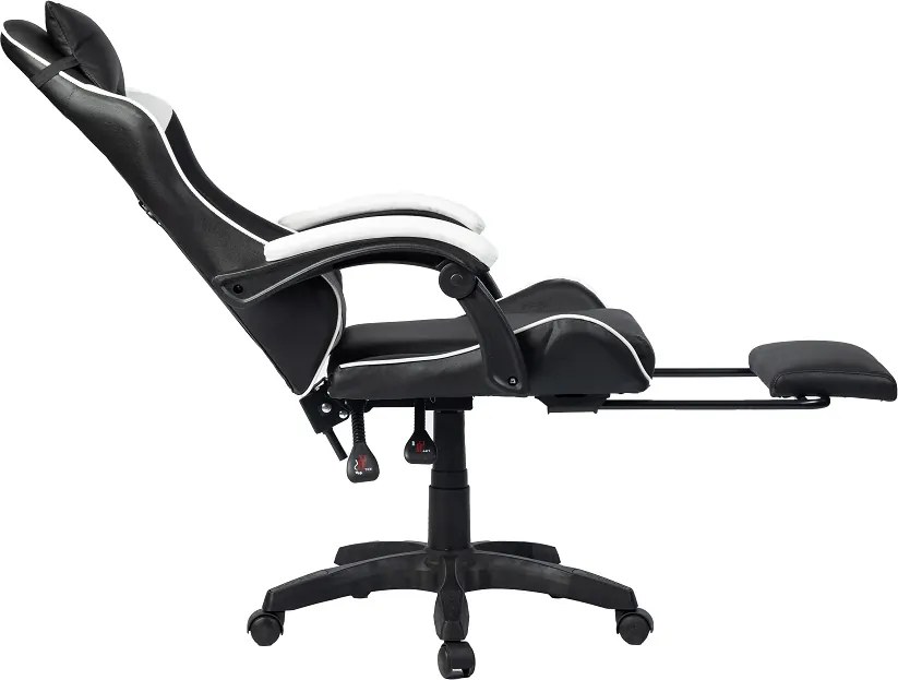 Scaun gaming, masaj în perna lombară, suport picioare, PU, Negru/Alb