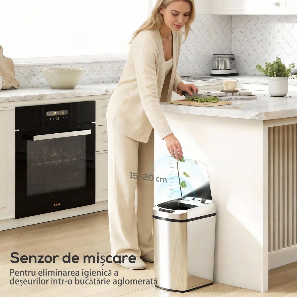 HOMCOM Coș Gunoi 12L cu Senzor Infraroșu, Buton Touch și Găleată Detașabilă, Coș de Gunoi din Oțel Inoxidabil, ABS și PP, 28x22x41 cm, Argintiu | Aosom Romania