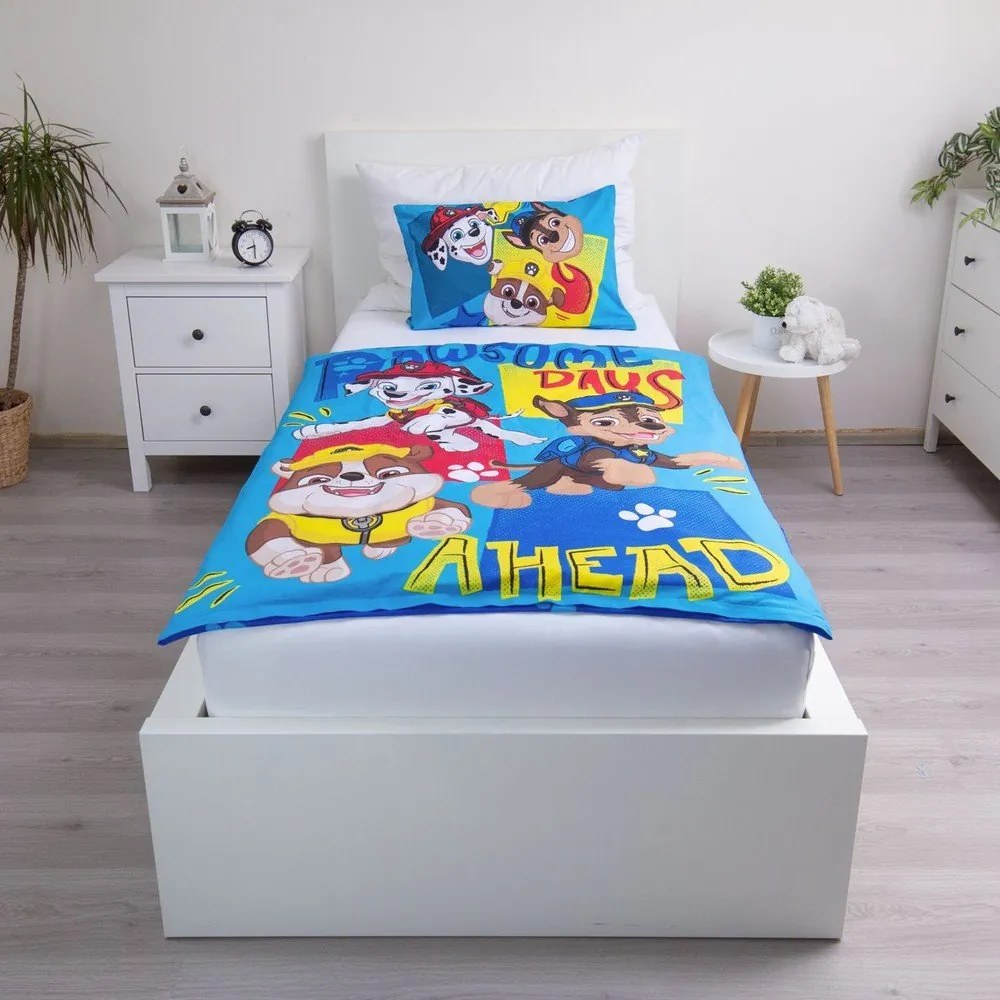 Lenjerie de pat pentru copii albastră din bumbac pentru pătuț 100x135 cm Paw Patrol "Pawsome days ahead" – Jerry Fabrics