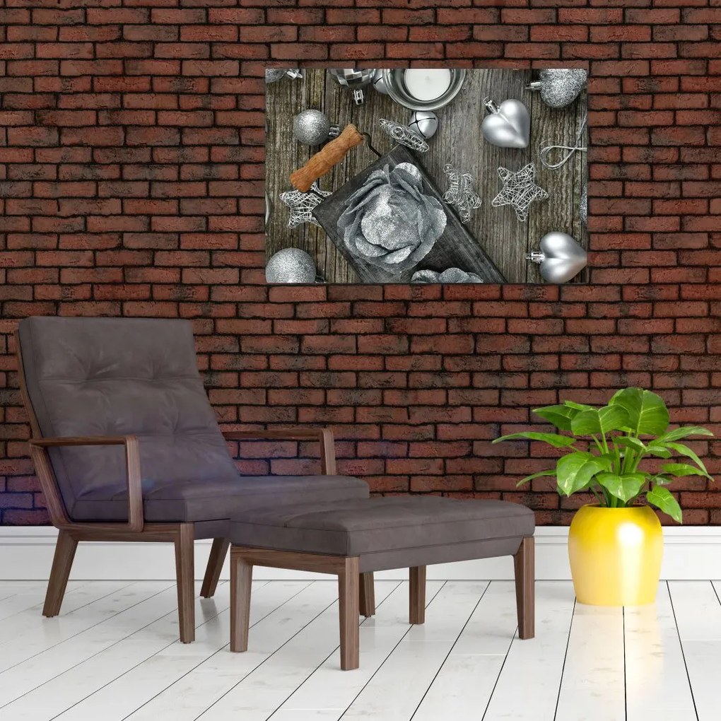 Tablou - decorațiuni argintii de Crăciun (90x60 cm)