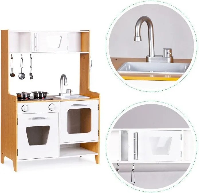 Bucatarie din lemn pentru copii cu lumini, sunete si accesorii metalice