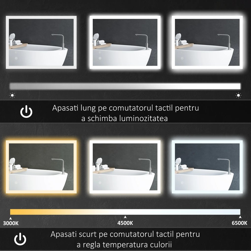 Kleankin Oglindă de Baie cu Iluminare LED 800x600mm, Tactilă, Anti-Ceță, Montare Orizontală/Verticală | Aosom Romania