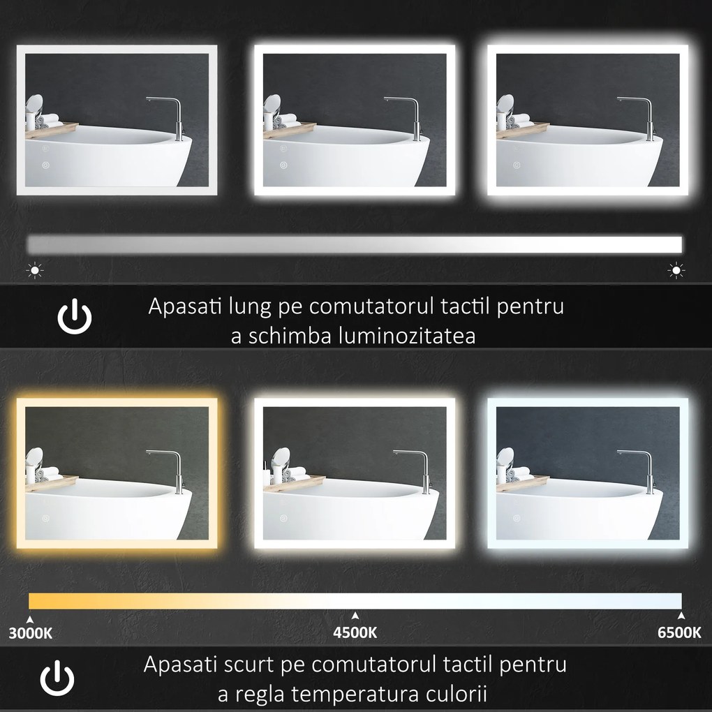 Kleankin Oglinda LED, Oglinda de Machiaj de Perete cu 3 Lumini, 800x600mm, Tactilă, Anti-Ceță, Montare Orizontală/Verticală | Aosom Romania