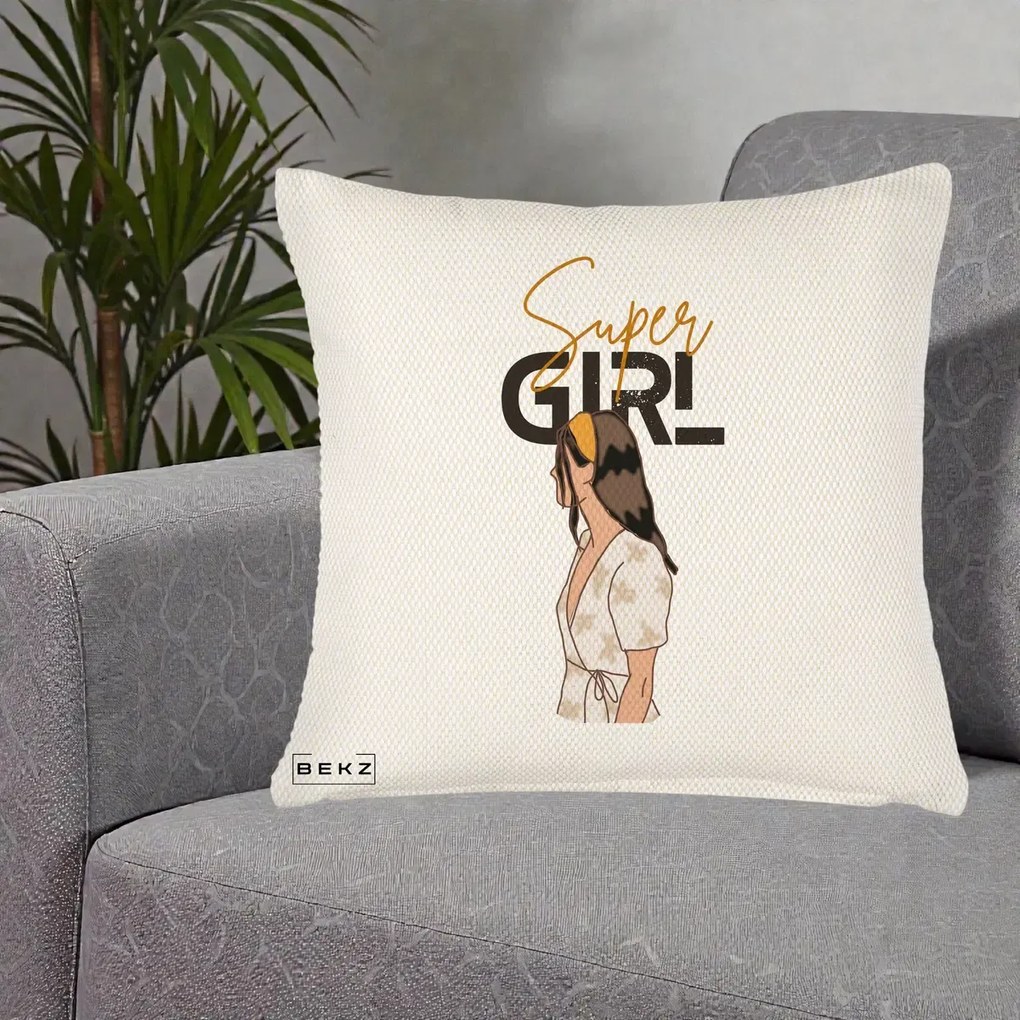 Perna Decorativa Super Girl Aesthetic, 40x40 cm, Crem Reliefat, Husa Detasabila, Perna Inclusa, BEKZ®