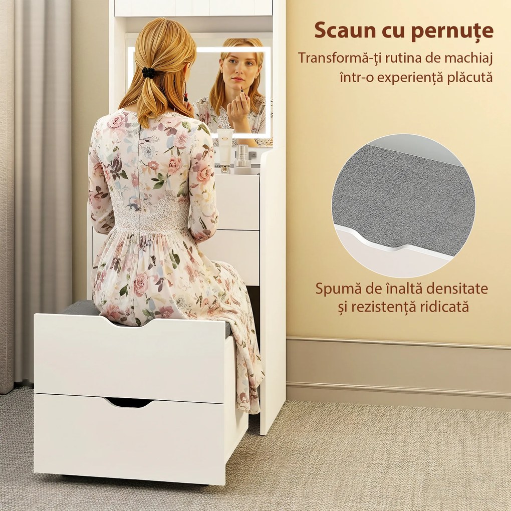 HOMCOM Stație de Machiaj cu Lumini LED în 3 Culori, Oglindă Rabatabilă, Scaun Ascuns, Măsuță de Machiaj cu Scaun Îmbunătățit, 3 Sertare, Compartiment, Dulap cu Uși din Sticlă, Modern, Alb | Aosom Romania