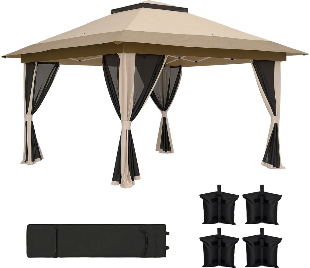 Outsunny Pavilion pliant 3,6x3,6 m cu pereți laterali din plasă UPF50+, înălțime reglabilă, geantă cu roți și saci cu nisip, bej | Aosom Romania