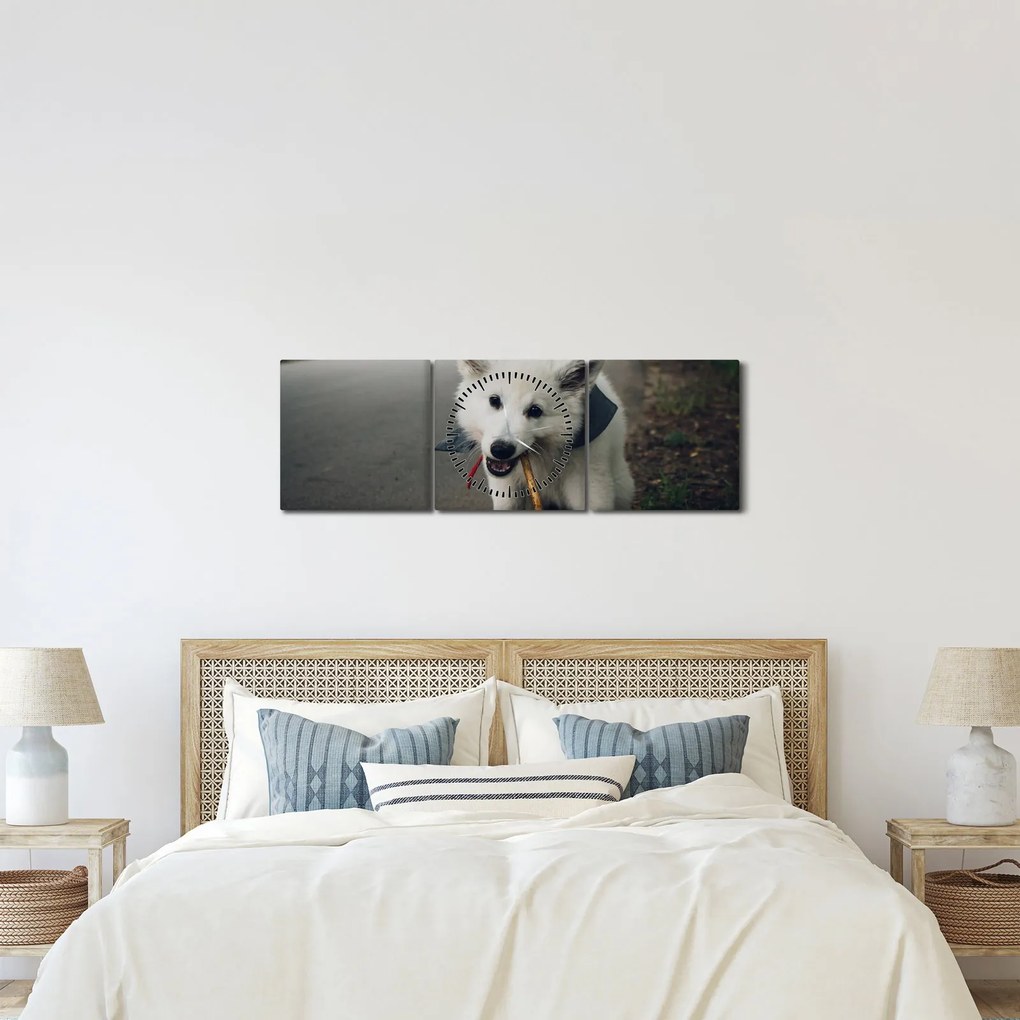 Tablou cu câinele alb (cu ceas) (90x30 cm)