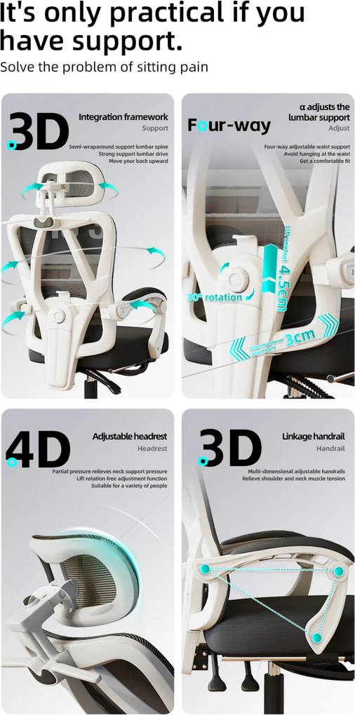 Scaun ergonomic cu suport lombar 4D, tetieră reglabilă 4D, pivotant 360°, suport pentru picioare, Negru