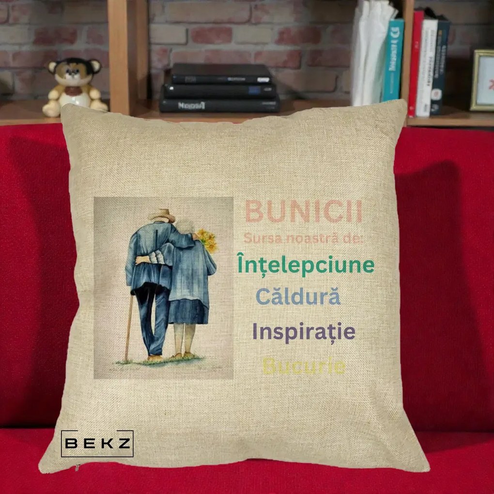 Cadou pentru Bunici - Perna Personalizata Bunicii Sursa Intelepciune Caldura Acuarela, 40x40 cm, Crem, Husa Detasabila, Perna Inclusa, BEKZ®