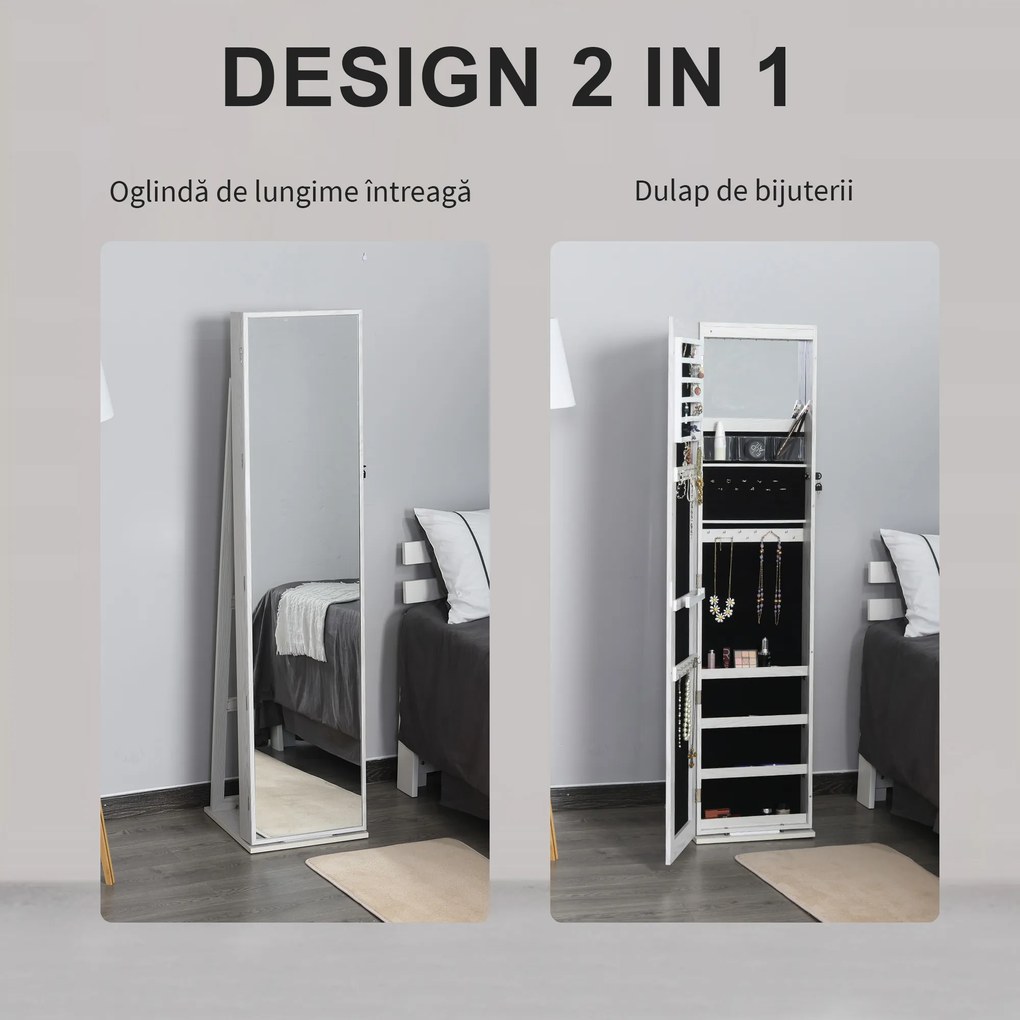 HOMCOM Dulap Bijuterii LED Alb cu Cheie | Aosom Romania