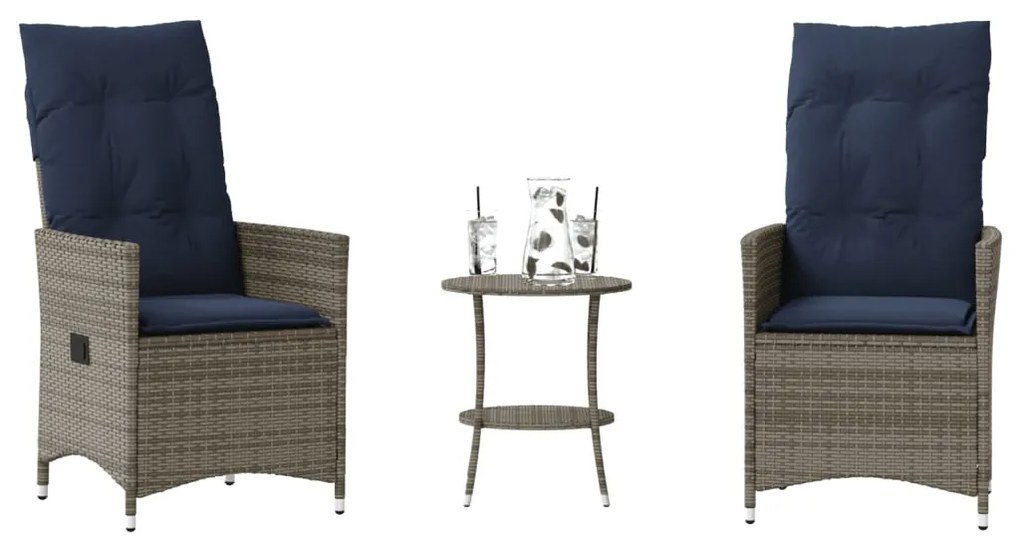 vidaXL Set bistro 3 piese cu perne, gri, poliratan