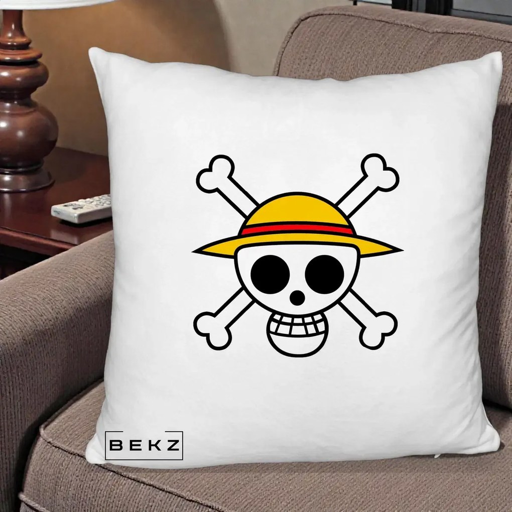 Perna Personalizata One Piece Jolly Roger Straw Hat Pirates, 40x40 cm, Alb Pufos, Husa Detasabila, Perna Inclusa, BEKZ®