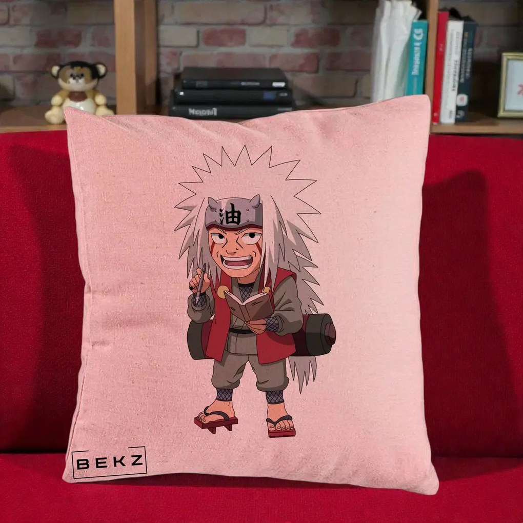Perna Personalizata Naruto Jiraiya Sensei Chibi, 40x40 cm, Roz, Husa Detasabila, Perna Inclusa, BEKZ®