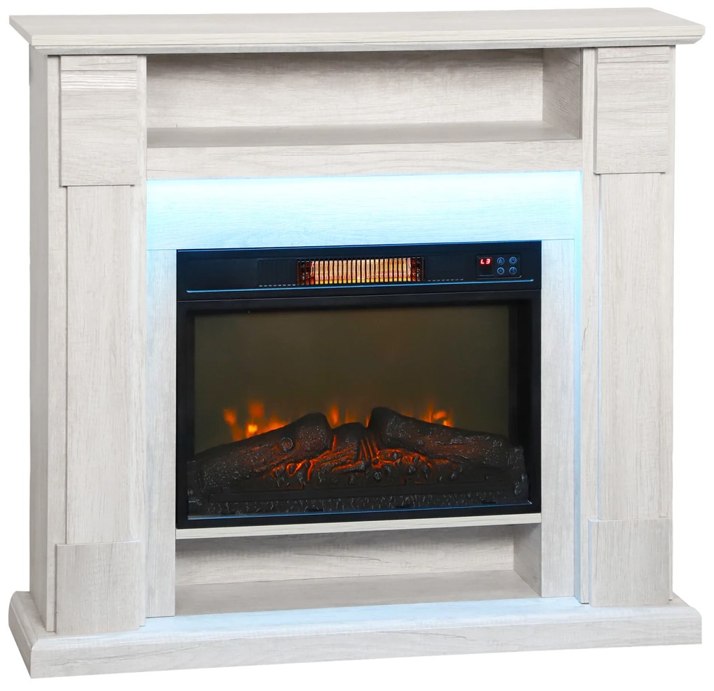 HOMCOM Șemineu Electric 1800W Reglabil cu Flacără 3D, Raft, Timer și Telecomandă, 105x27x97 cm, culoare Lemn | Aosom Romania