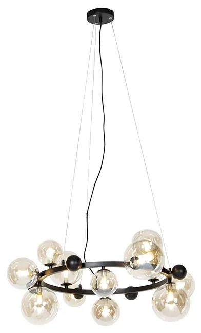 Lampă suspendată Art Deco neagră cu sticlă chihlimbar cu 12 lumini - David