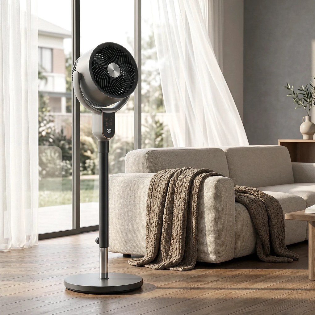 HOMCOM Ventilator pe stativ cu 8 viteze cu Telecomandă, Display LED, Timer 12H, Înălțime reglabilă, Gri | Aosom Romania