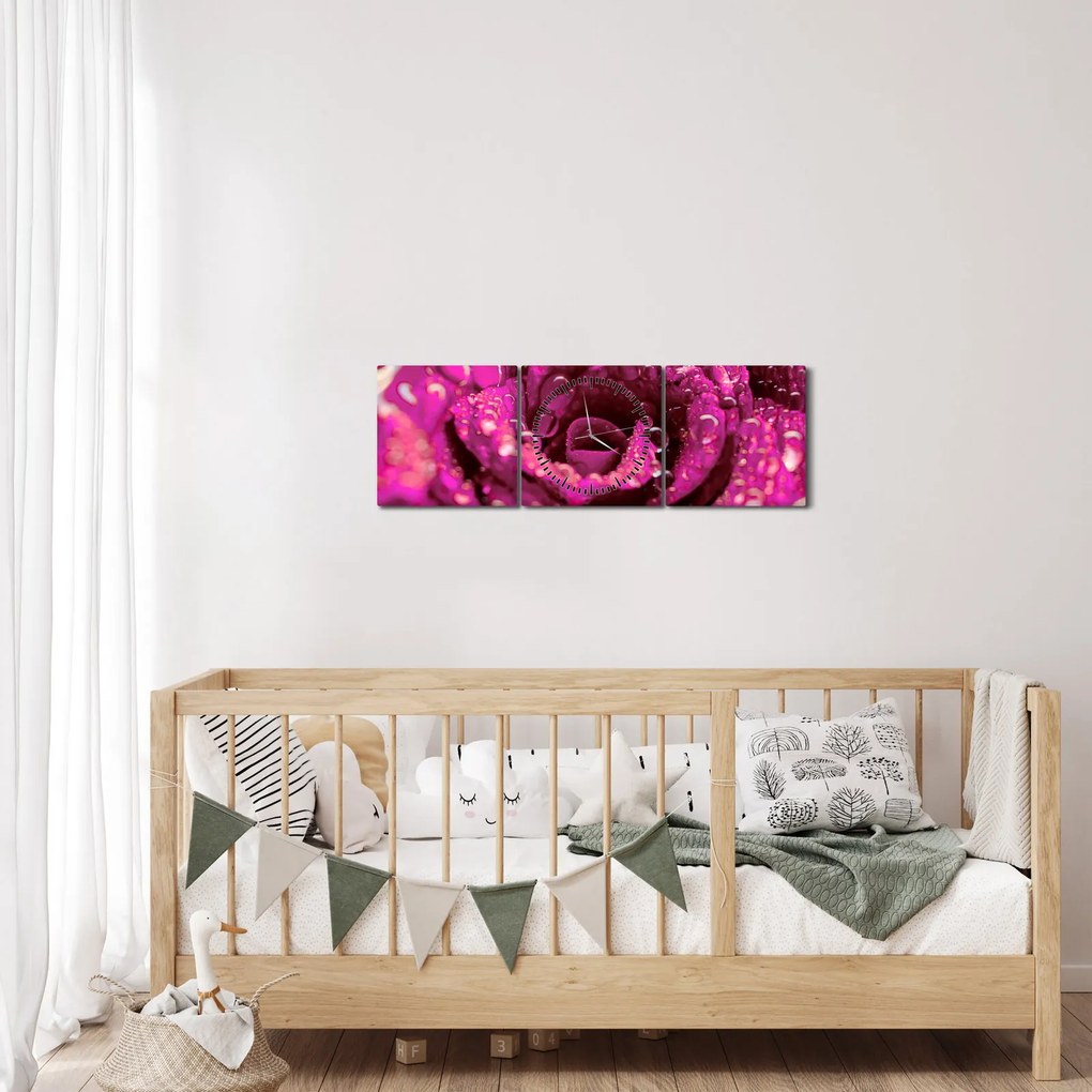 Tabloul cu floarea trandafirului roz (cu ceas) (90x30 cm)