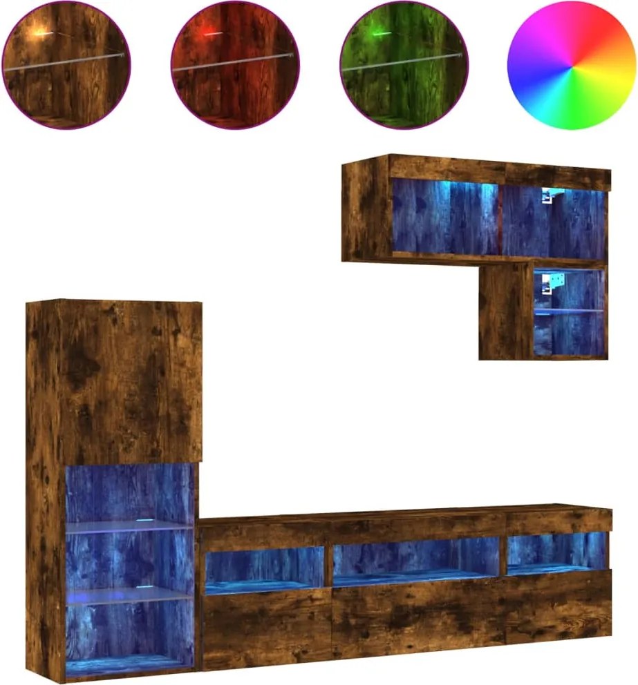 vidaXL Unități de perete TV cu LED-uri, 6 piese, stejar fumuriu, lemn