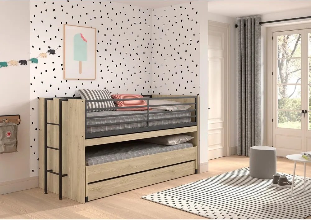 Pat pentru copii în culoare naturală supraetajat, cu extensie suplimentară cu somieră 90x200 cm Sam – Vipack