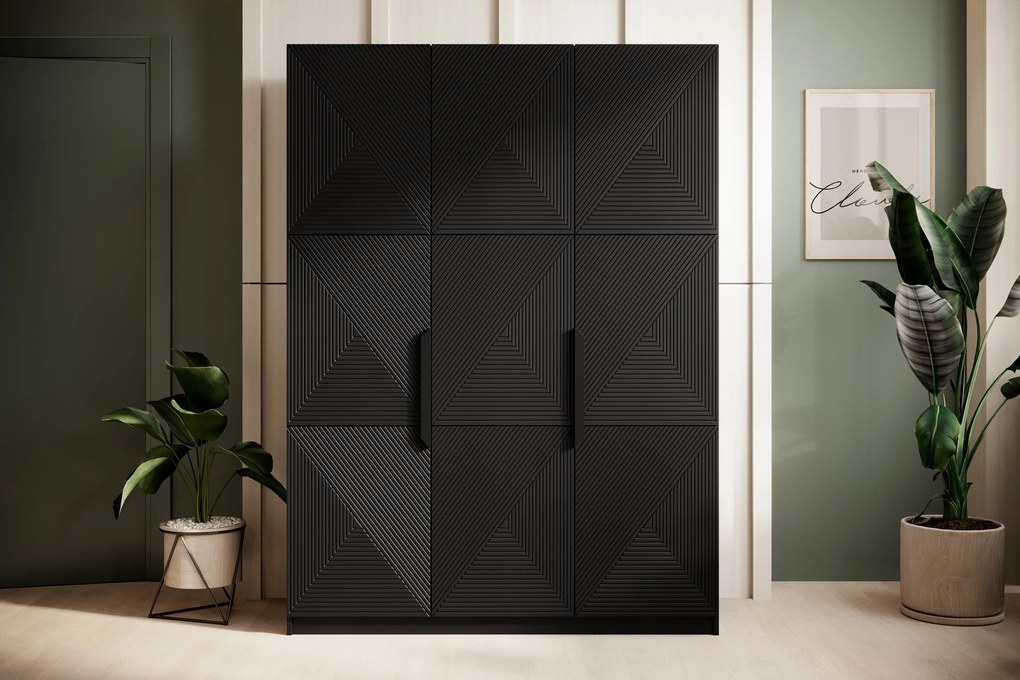 Dulap Asha 150 cm cu trei uși cu mânere metalice - negru mat / negru mânere