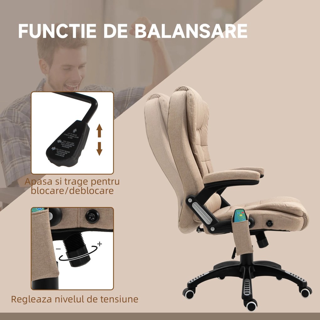 Scaun birou Vinsetto cu 6 puncte de masaj si functie de incalzire si reglabil pe inaltime, bej | Aosom Romania