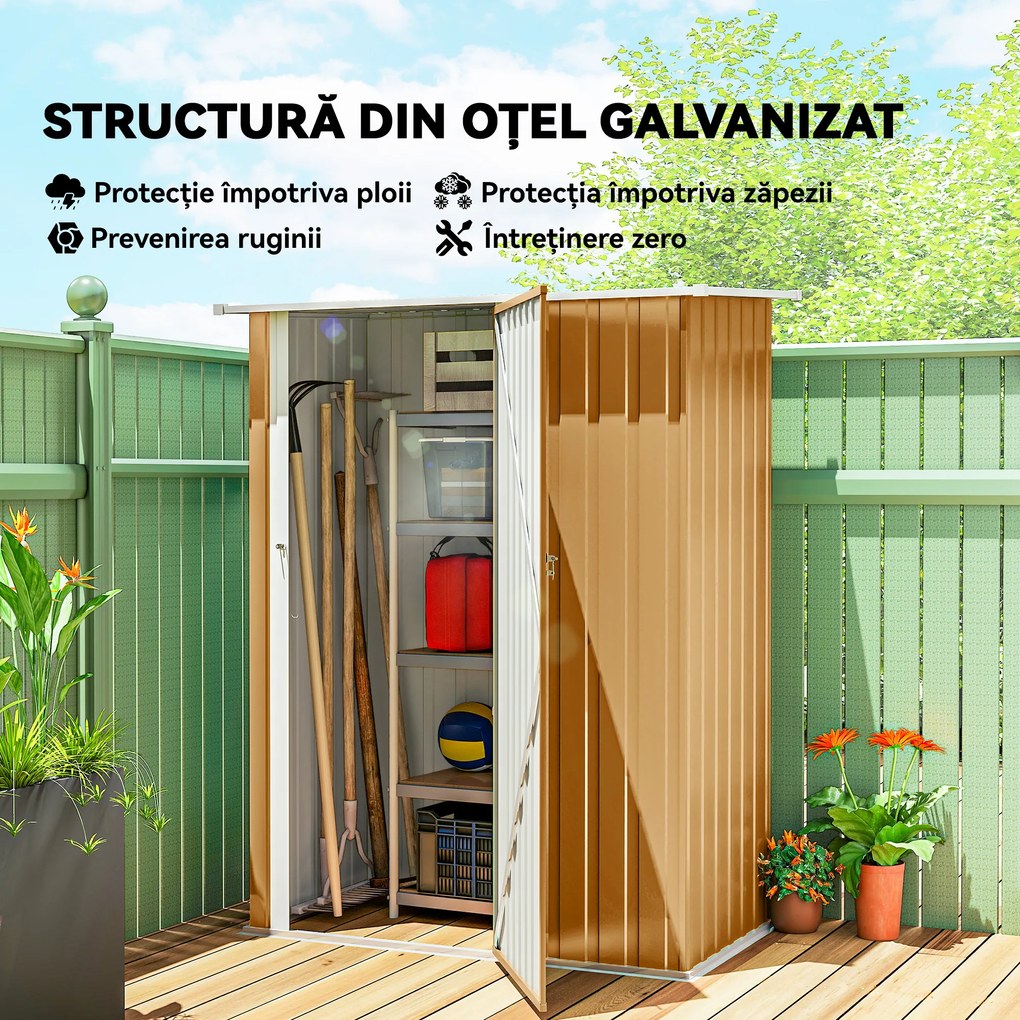 Outsunny Căsuță de Grădină 1.07m² din Oțel Zincat, Căsuță pentru Unelte cu Ușă Blocabilă, Acoperiș Înclinat, 142x86x189 cm, Galben | Aosom Romania