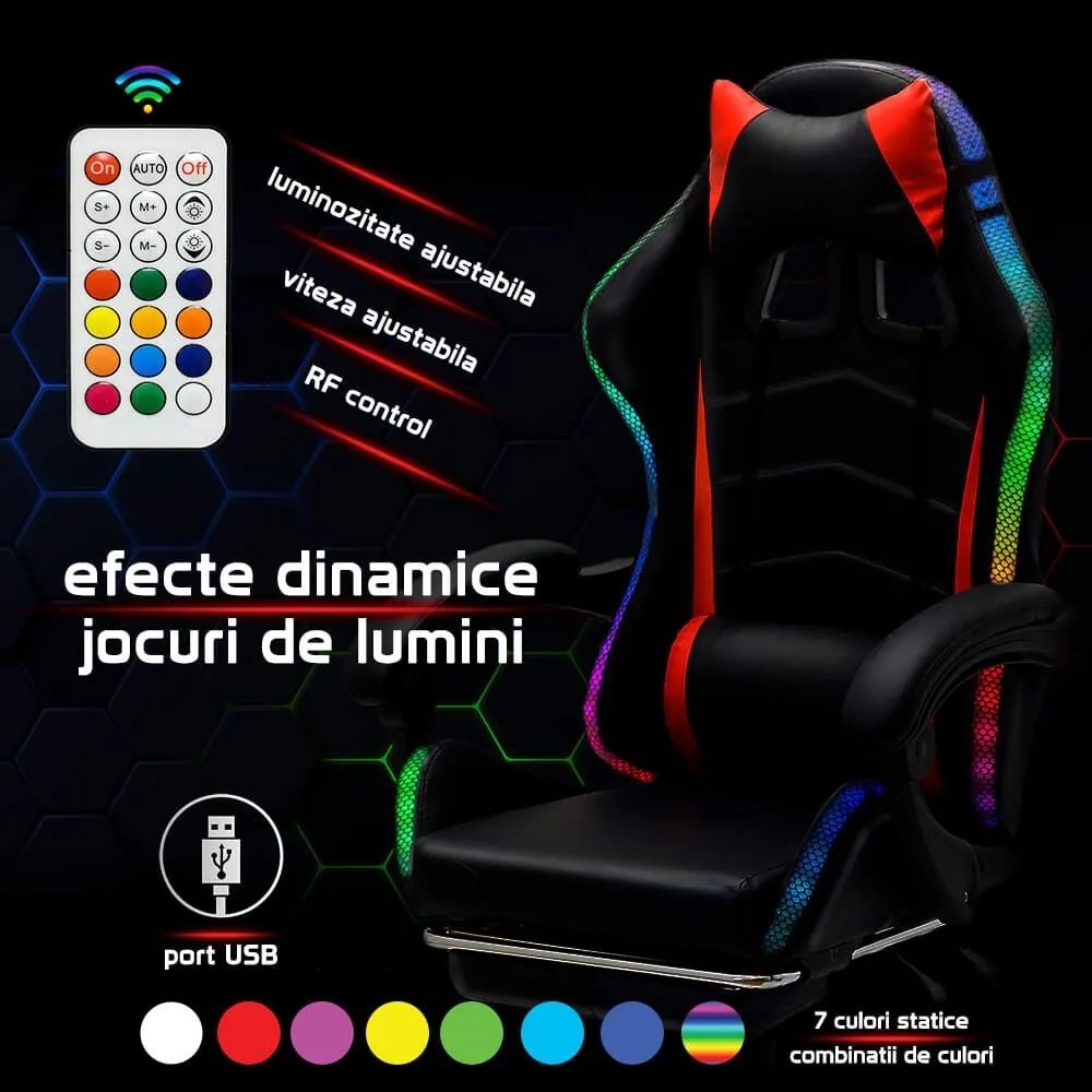 Scaun de gaming cu masaj și iluminare RGB din piele ecologică OFF 303 roșu cu negru