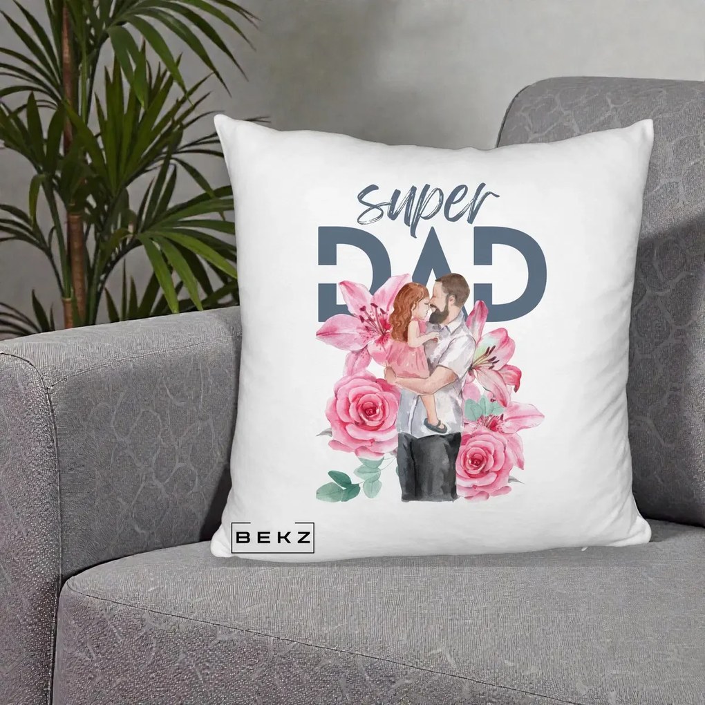 Cadou pentru Tata - Perna Personalizata Super Dad Tata cu Fetita si Flori, 40x40 cm, Alb Pufos, Husa Detasabila, Perna Inclusa, BEKZ®