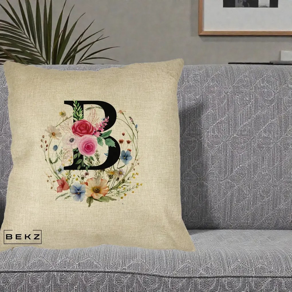 Cadou Personalizat - Perna Personalizata Monogram Litera B cu Flori Acuarela, 40x40 cm, Crem, Husa Detasabila, Perna Inclusa, BEKZ®