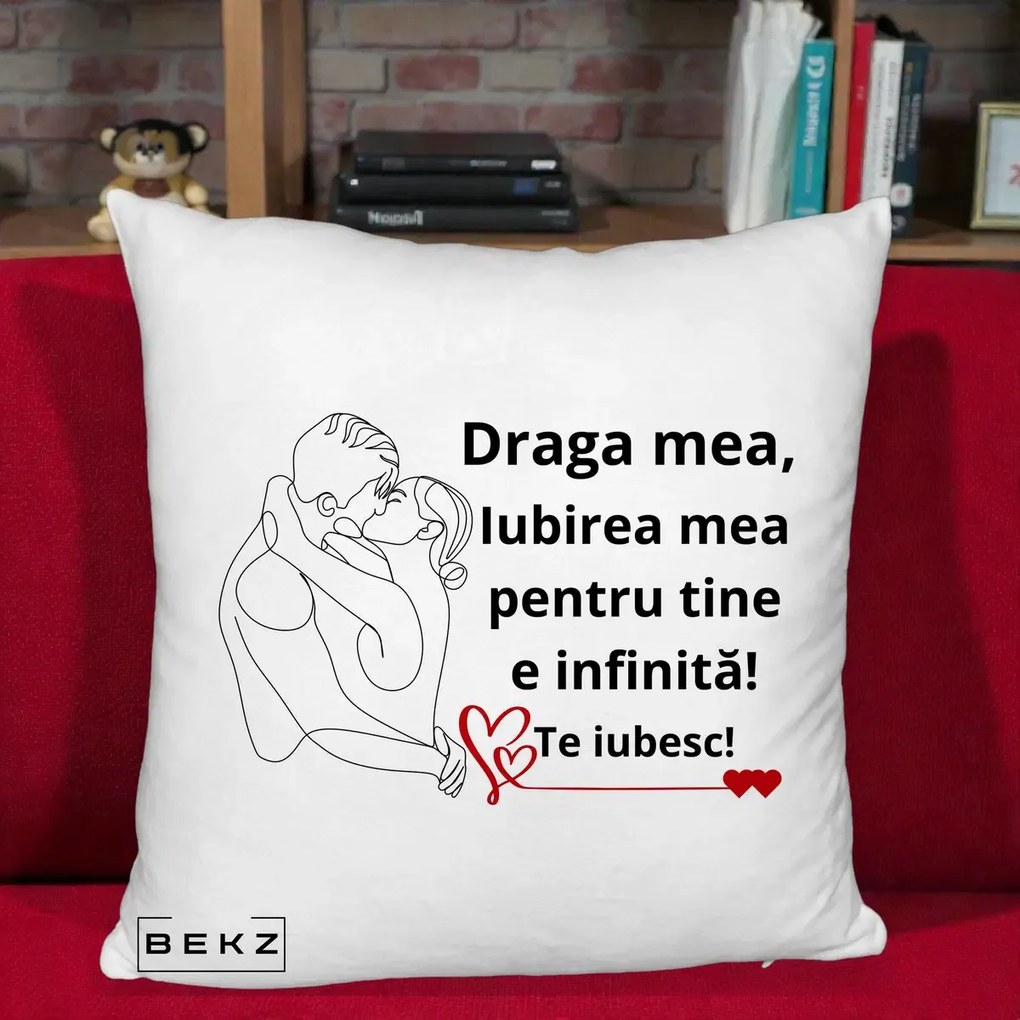 Cadou pentru Iubita - Perna Personalizata Draga Mea Iubirea Mea pentru Tine e Infinita Te Iubesc, 40x40 cm, Alb Pufos, Husa Detasabila, Perna Inclusa, BEKZ®
