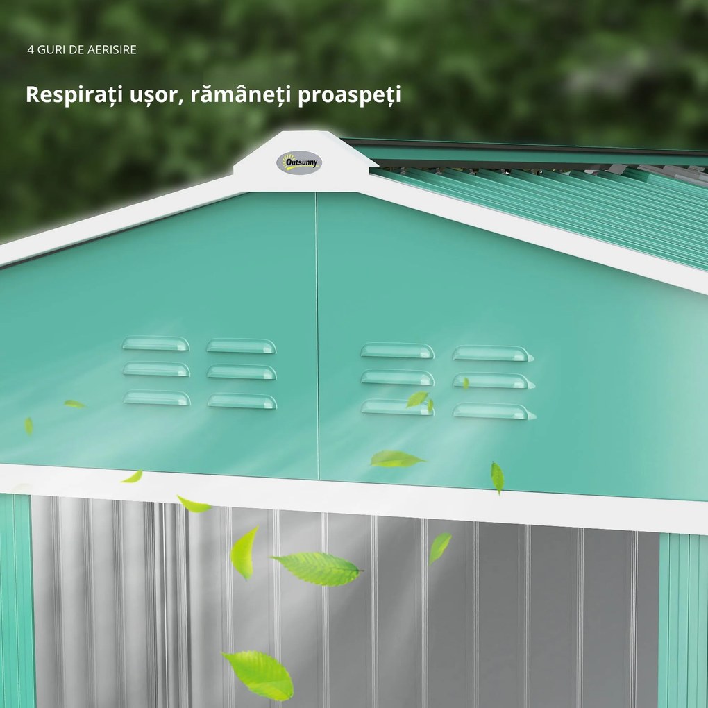Outsunny Șopron pentru Unelte cu Acoperiș Înclinat și Uși Glisante Duble, 277x195x192 cm, Verde Închis | Aosom Romania