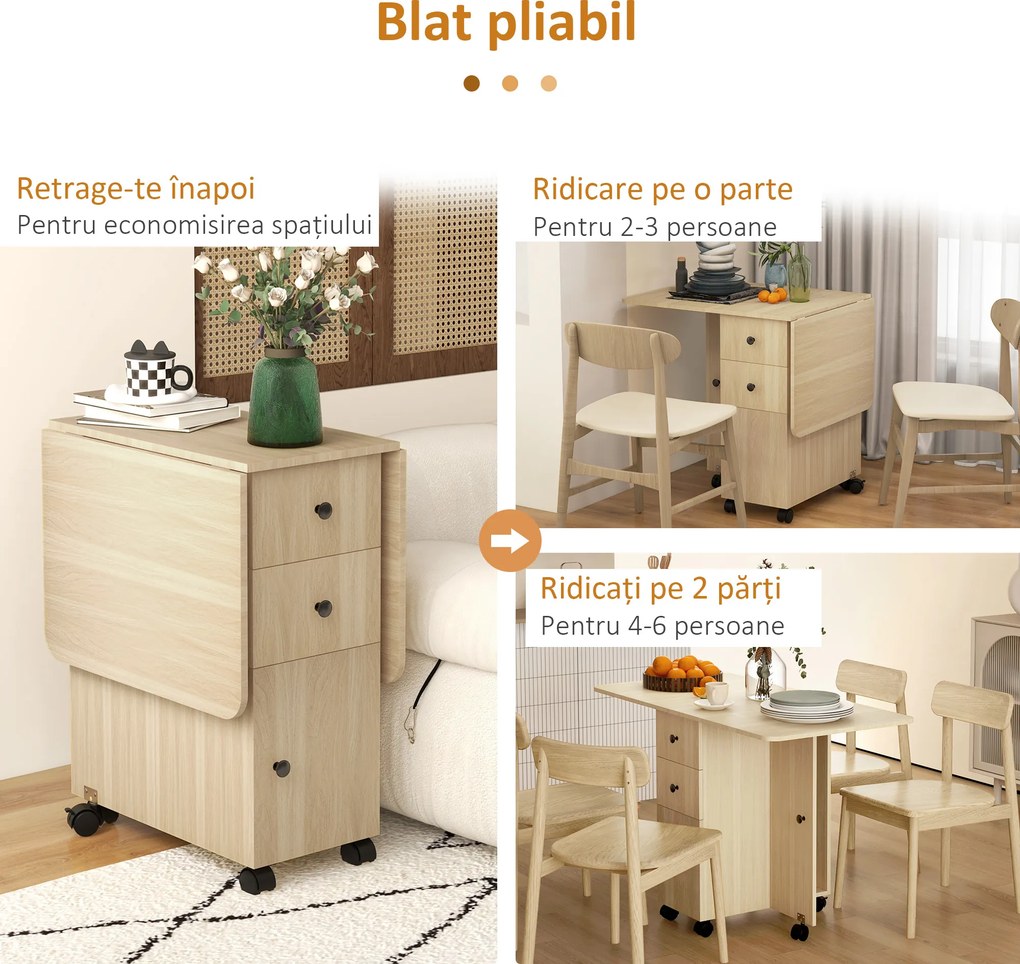 HOMCOM Masă de Bucătărie Pliabilă, Masă Rabatabilă cu Roți și Frâne pentru 6 Persoane, Birou Pliabil cu 2 Sertare și Dulap, pentru Living, 120x60x76.5 cm, Lemn Natural | Aosom Romania