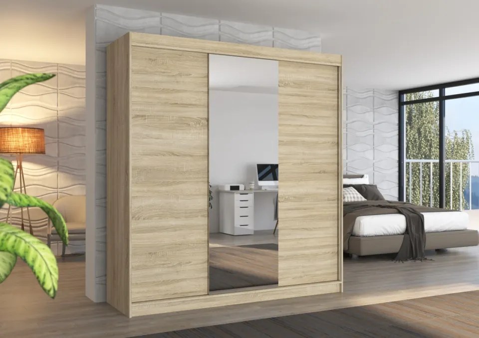 Dulap cu usi glisante si oglinda 200x215 cm, Santiago, ADRK Furniture (Culoare: Negru / Artisan)