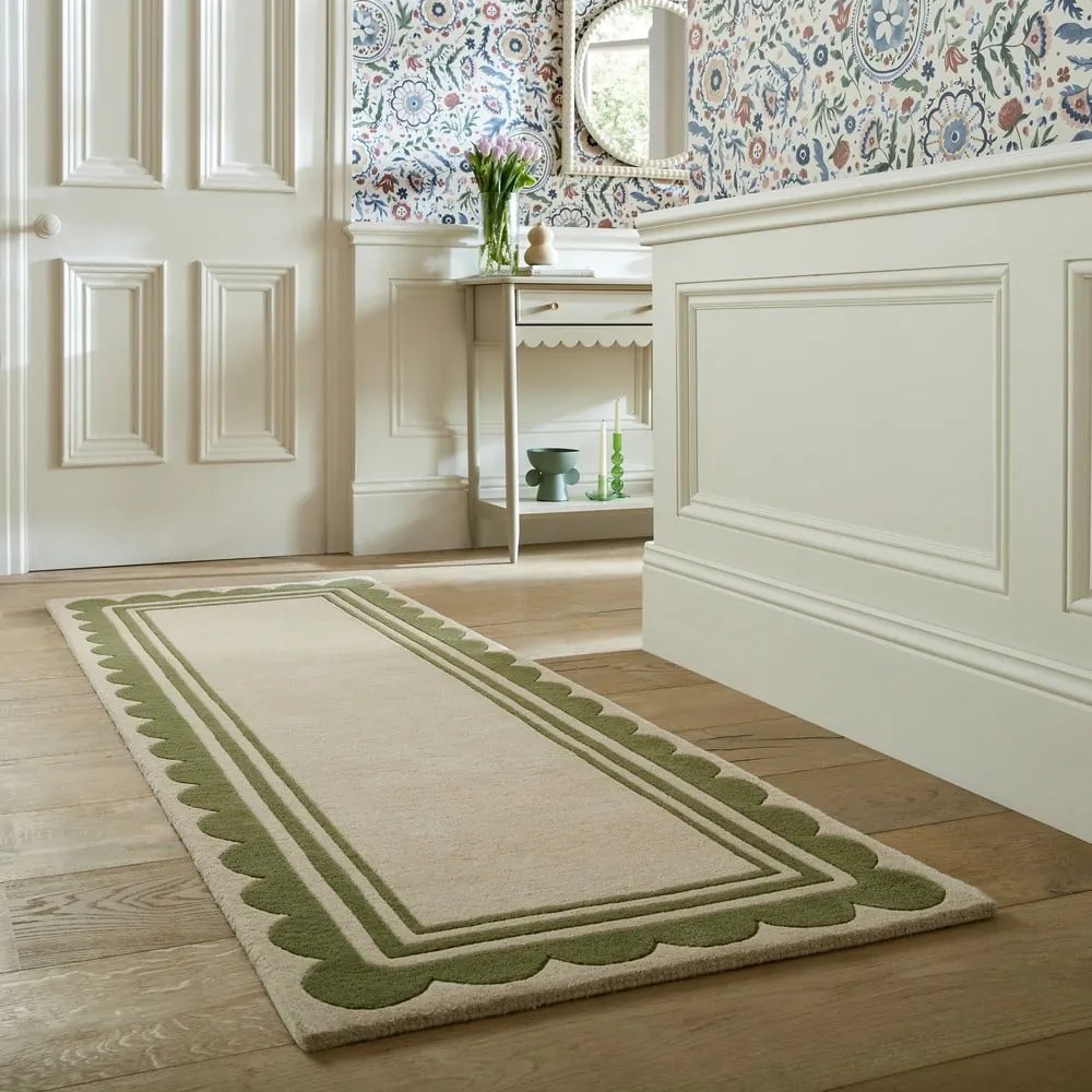 Covor tip traversă verde/în culoare naturală țesut manual din lână 80x230 cm Lois Scallop – Flair Rugs