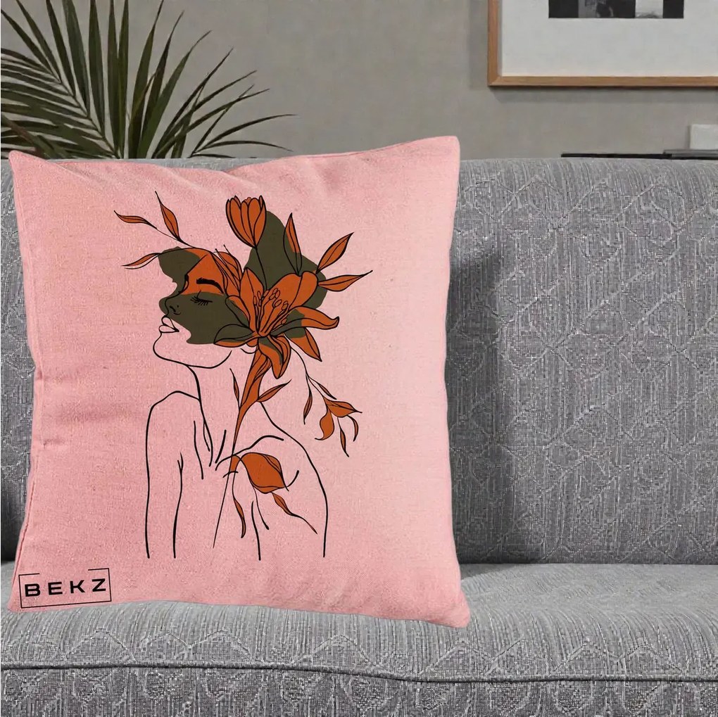 Perna Decorativa Portret Feminin Crin Auriu, 40x40 cm, Roz, Husa Detasabila, Perna Inclusa, BEKZ®