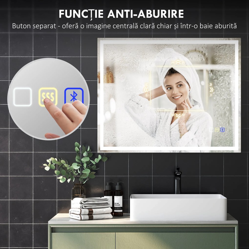 HOMCOM Oglindă Baie Bluetooth LED Antiabur Tactil | Aosom Romania