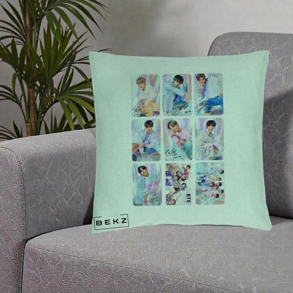 Perna Personalizata K-pop BTS Colaj 9 Fotografii Autografe Individual, 40x40 cm, Verde Menta, Husa Detasabila, Perna Inclusa, BEKZ®