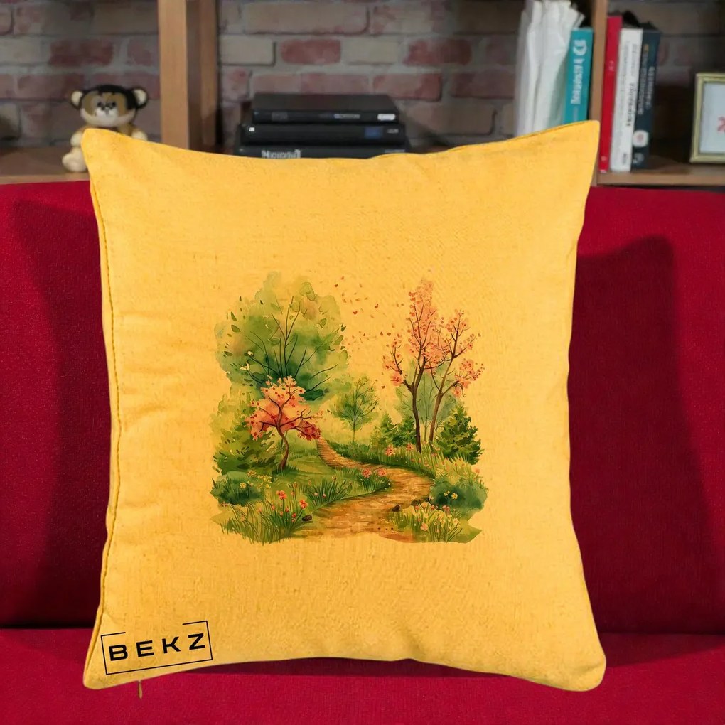 Perna Decorativa Gradina Primavara Acuarela, 40x40 cm, Galben, Husa Detasabila, Perna Inclusa, BEKZ®