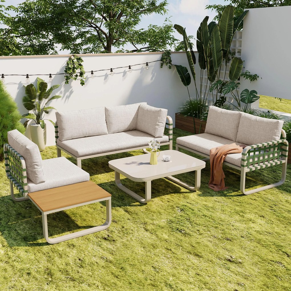 Set de mobilier de grădină Lounge 4-5 locuri, Set de mobilier de grădină din piele verde și ratan cu masă din sticlă securizată, Culoare caise