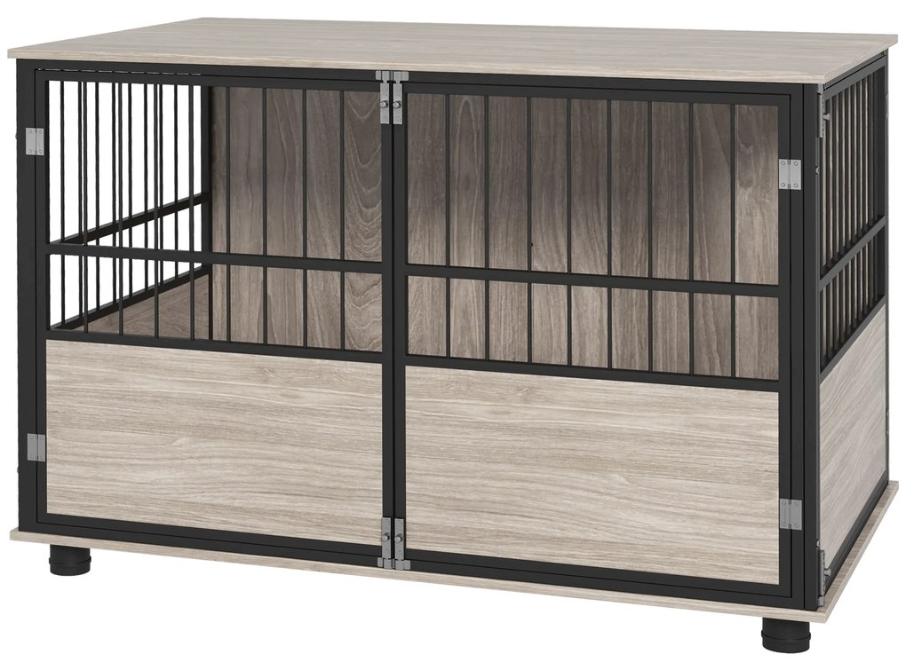 PawHut Cușcă pentru câini de interior, masă laterală, 100 x 60 x 68 cm, locuință, 3 uși blocabile, aspect de nuc negru | Aosom Romania