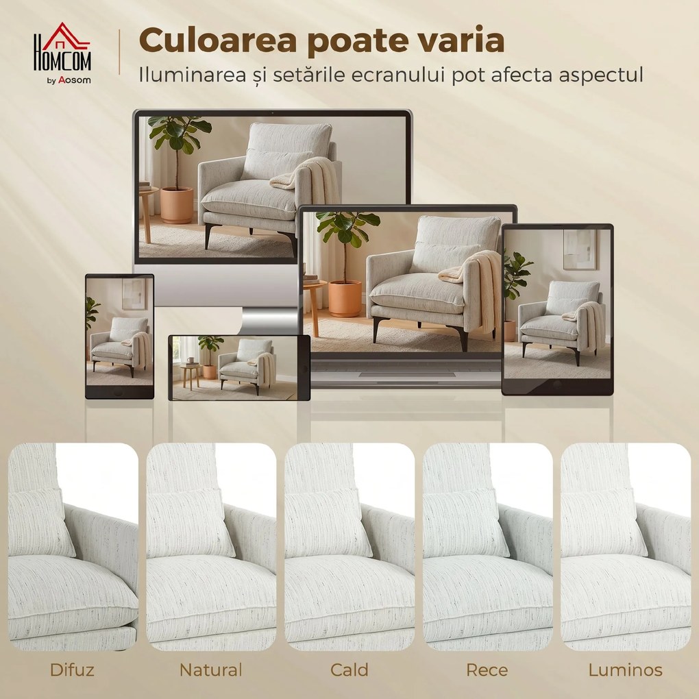 HOMCOM Fotoliu Living Tapițat din Țesătură cu Efect de In cu Brațe, Pernă Lombară și Șezut Generos, Alb | Aosom Romania